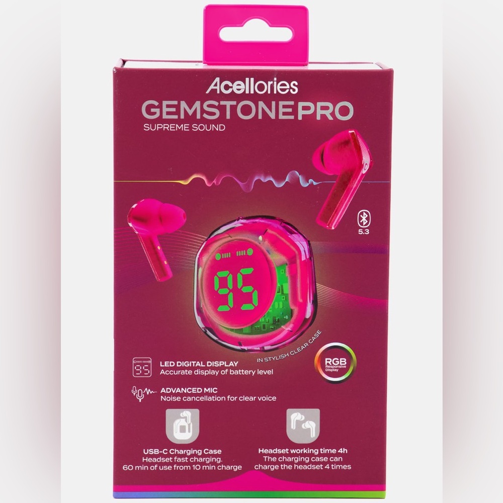 Acellories Gemstone PRO RGB True Wireless Earbuds w/LED Transparent Case, Pink
